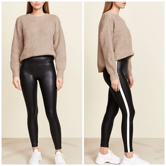 Spanx Faux Leather Black White Side Stripe Pull On Leggings Womens Size Small - Picture 1 of 12